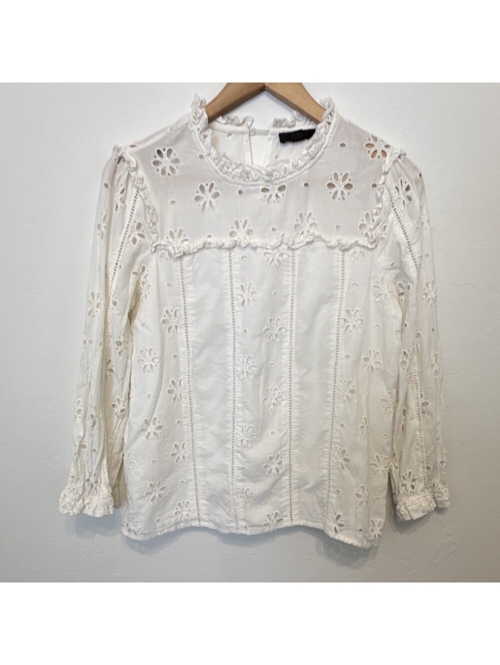 J.Crew XS White Eyelet Cotton Ruffle High Neck Floral Blouse 3/4 Sleeve